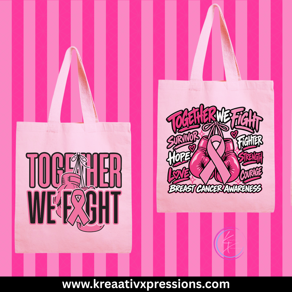Two pink breast cancer awareness totes featuring Together We Fight lettering, boxing gloves, and pink ribbon designs.