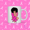 White breast cancer awareness mug featuring a woman with a black afro wrapped in a vibrant pink ribbon.