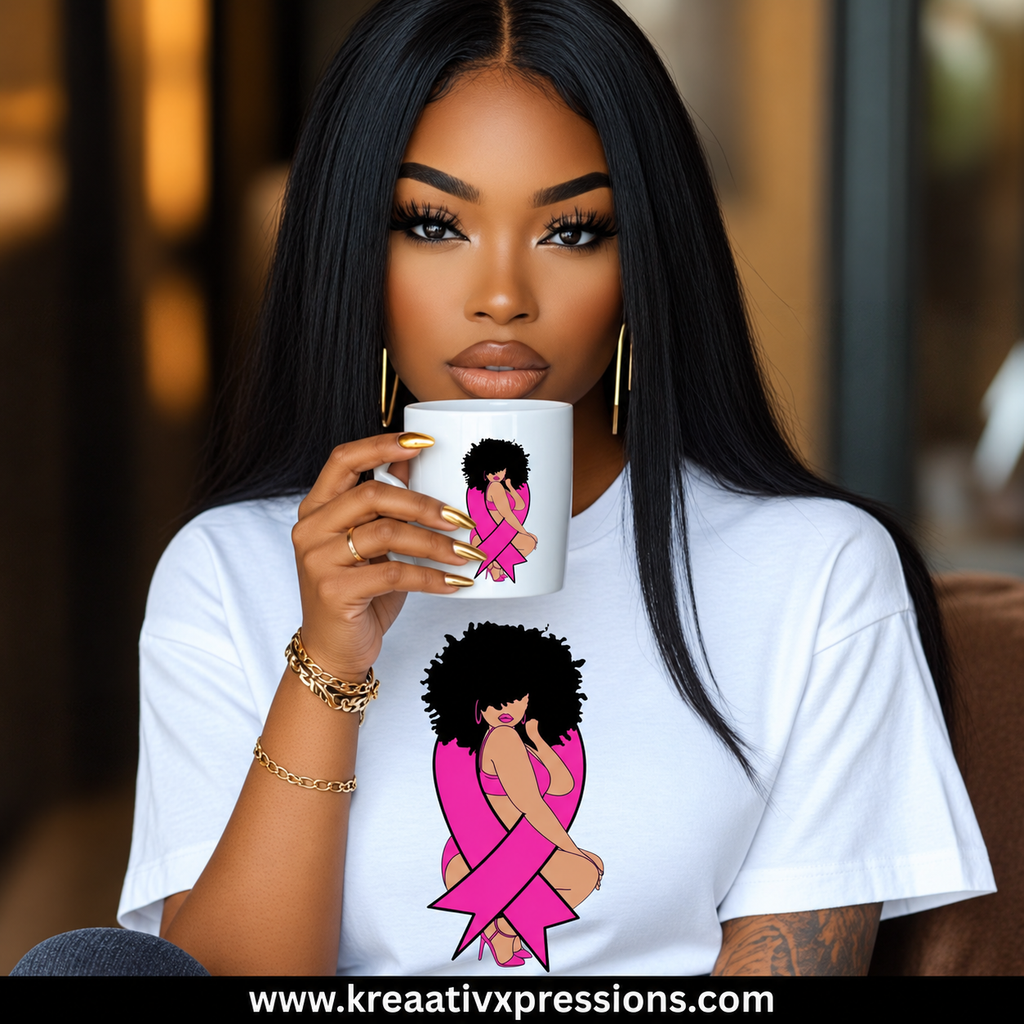White Pink Ribbon Queen awareness tee with afro woman and pink ribbon artwork, shown with matching mug. Mug not included.