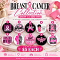 Ten numbered breast cancer awareness 2.5-inch pin button designs, priced at $5 each.