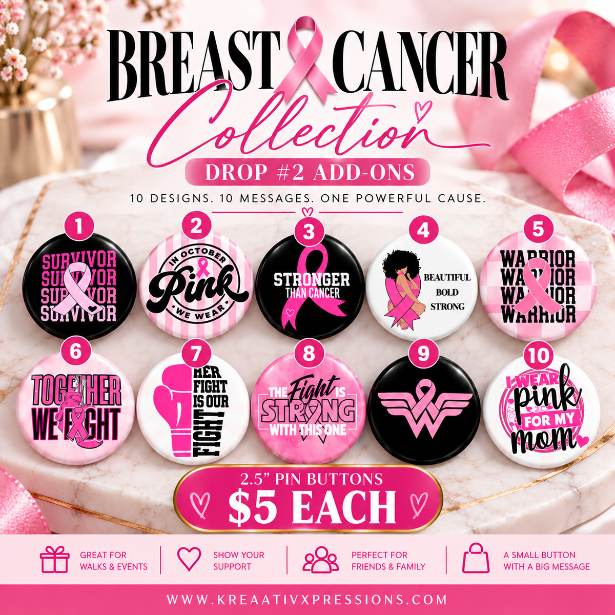 Ten numbered breast cancer awareness 2.5-inch pin button designs, priced at $5 each.