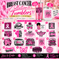 Breast cancer awareness tumblers in 17 oz regular and 12 oz wine styles with a numbered chart of 19 designs.