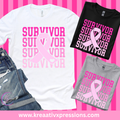 Survivor tee mockup with stacked pink lettering and an awareness ribbon, shown on white, black, and grey shirts.