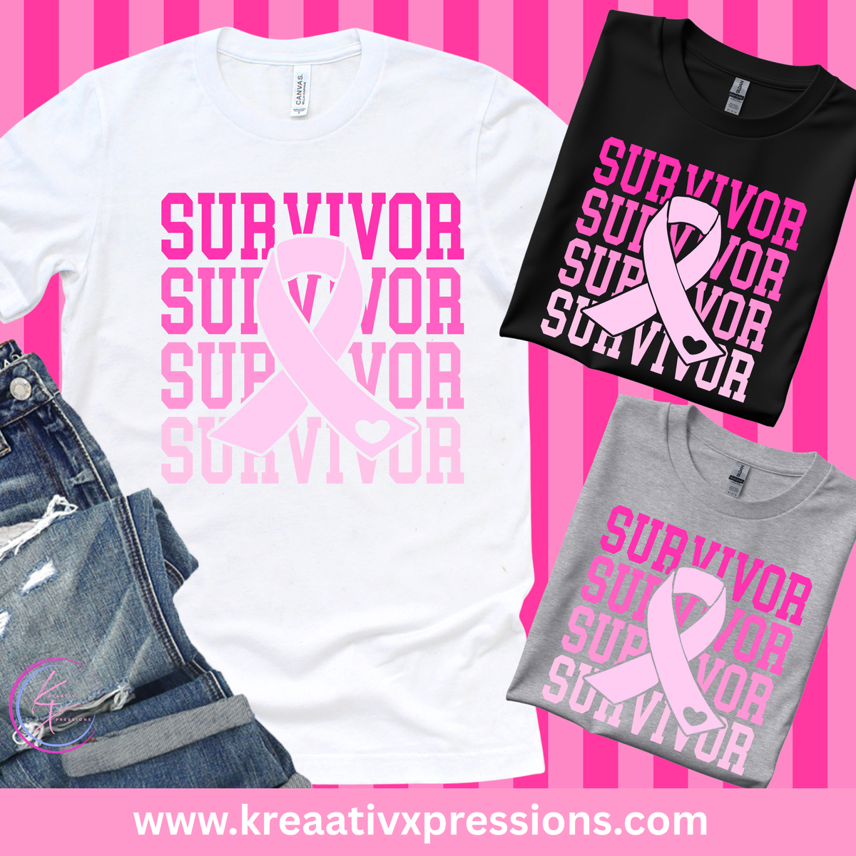 Survivor tee mockup with stacked pink lettering and an awareness ribbon, shown on white, black, and grey shirts.