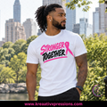 Model wearing a white Stronger Together tee with pink and black lettering and a pink breast cancer awareness ribbon.