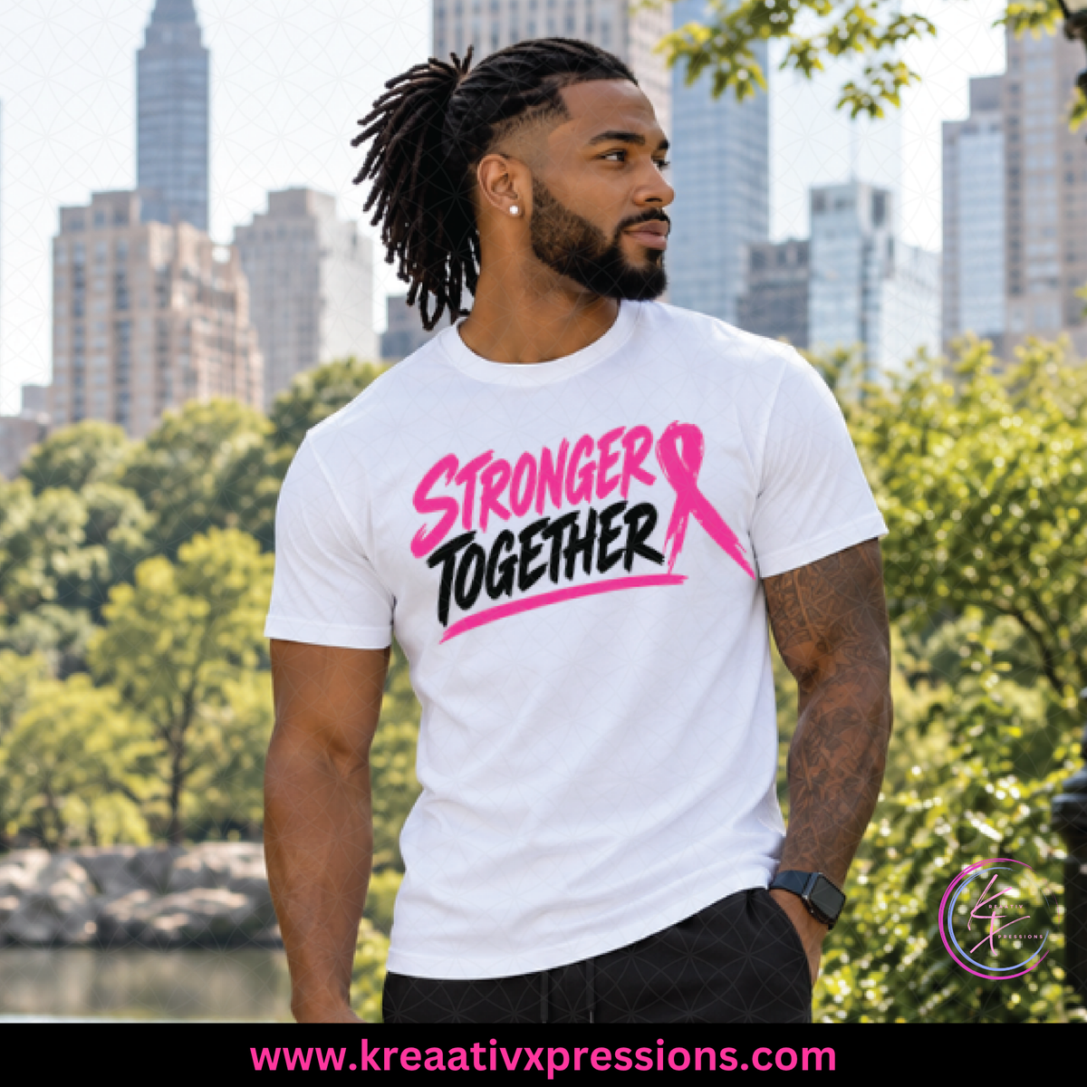 Model wearing a white Stronger Together tee with pink and black lettering and a pink breast cancer awareness ribbon.