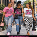 Together We Fight breast cancer awareness collage design with pink boxing gloves and ribbon, modeled on pink, black, and white tees.